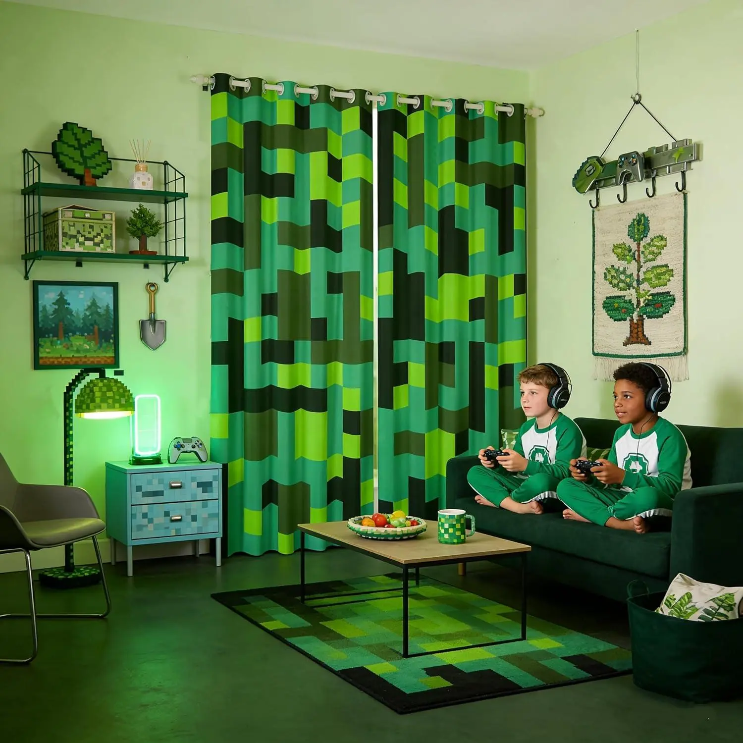 Pixel Grid Miners Blackout Curtains,Geometric Grid Patchwork Pixelated Boys Girls Room Decor,Cartoon Gamepad Video Games Window Curtains,Cyan Green 2 Panels