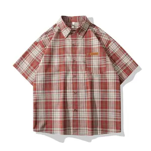 Men'S Loose Plaid Short Sleeved Shirts Casual Linen Button Down Oversized Shirt Harajuku Luxury Comfort Brand Male Shirts