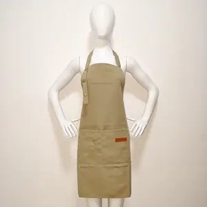 Apron - Tan Color with Pockets and Red Label, Adjustable Cotton Apron for Cooking, Baking, BBQ & Daily Housework, Water & Oil Resistant, Ultra-Comfy Fit