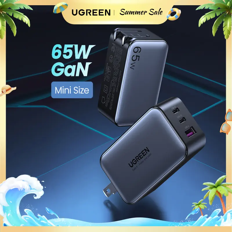 UGREEN Nexode 65W GaN USB C Wall Charger, 3-Port Compact Foldable Fast Charger Power Adapter for iPhone 17/16/15 Series, Galaxy S25/S24, Pixel 10/9, MacBook Pro/Air, Dell XPS, iPad Pro (Black),Summer Sale