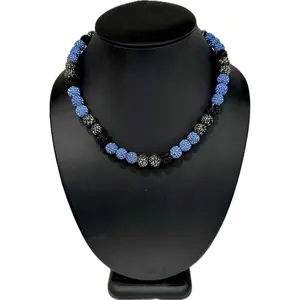 Iced Bling Disco Ball Rhinestone Crystal Bead Baseball Necklace Light Blue Black Silver