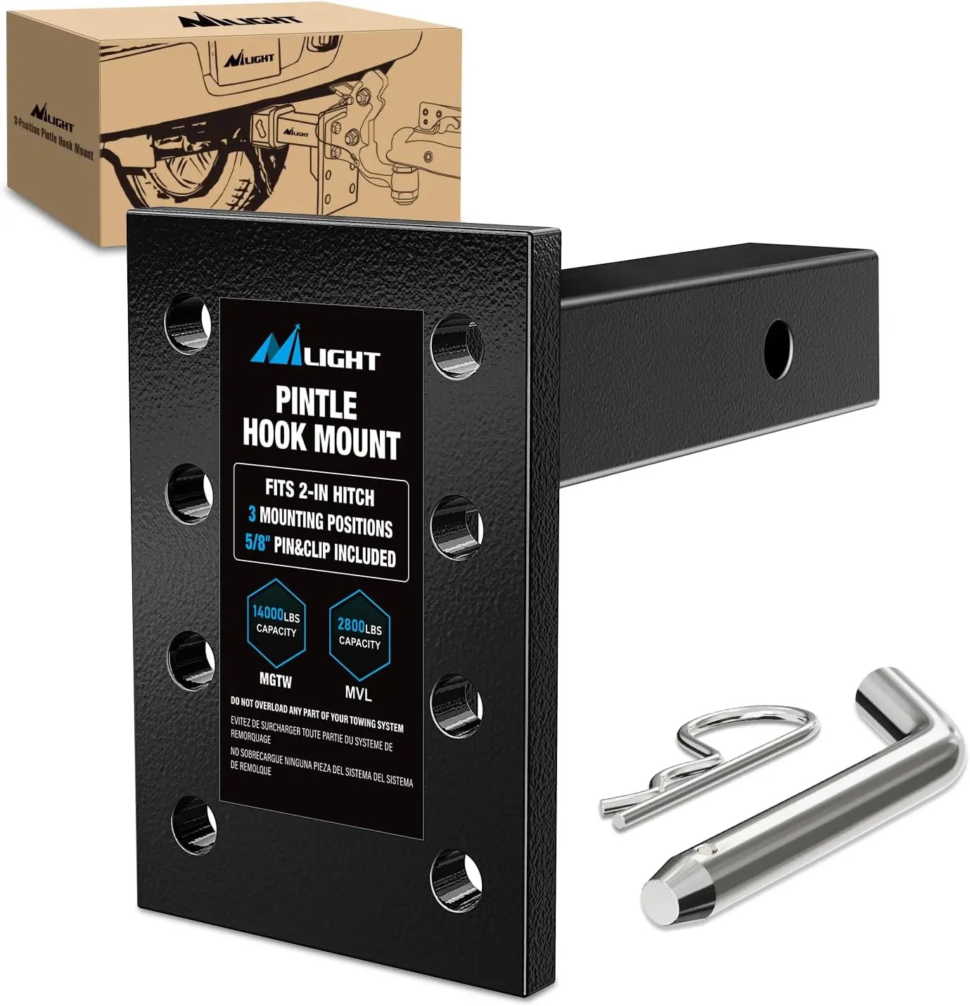 Nilight 3-Position Adjustable Pintle Hook Mount, 2" Hitch Receiver Fit, Solid Steel, 14000lb MGTW, 9-in Length, Black Mounting Plate, Pin & Clip Included, Easy-Install Automotive Towing Accessory for Trailers, Motorcycles