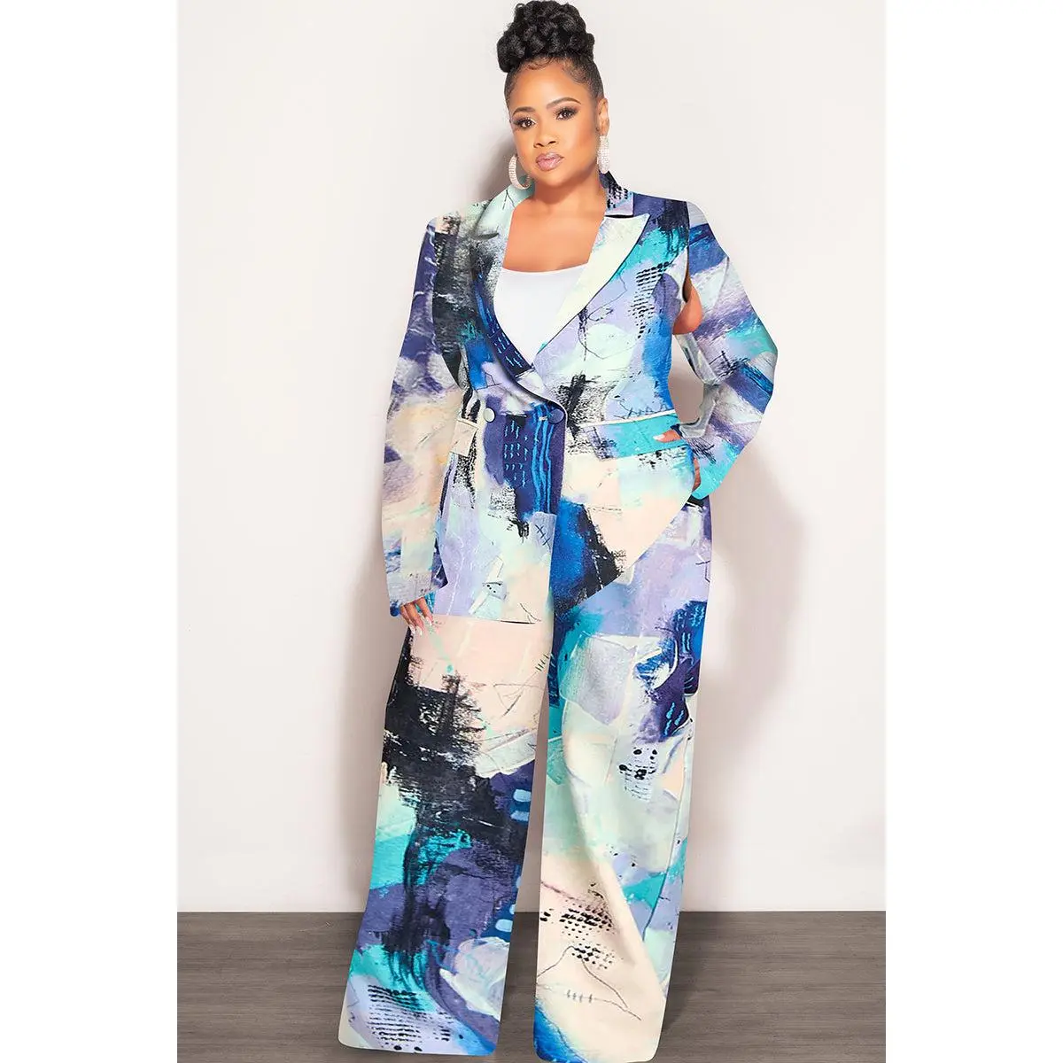 Final Sale Plus Size 2pc Cape Suit with Cut-outs Armholes Sleeves Double-Button Blazer & Pants Set in Multi-Color in Soft Blue, Yellow, Blue & Black