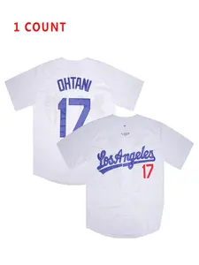 Men's Baseball Jersey Los Angeles Number 17 Ohtani Letter and Pattern Patchwork Button-Up, Casual Loose Fit Short Sleeve V Neck Top