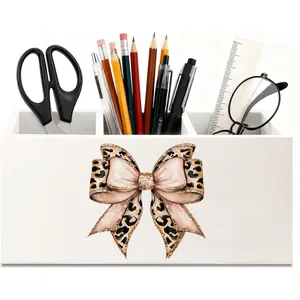 Pink Leopard Print Bow Wooden Utensil Holder Glitter Coquette Cheetah Print Organizer for Kitchen Countertop Decor