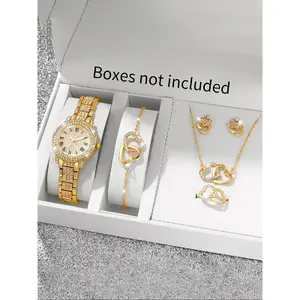 Women's Elegant Fashion Watch & Jewelry Set, Round Dial Analog Quartz Watch & Bracelet & Necklace & Ring & Earrings, Exquisite Watch Set with Box, Fashionable Jewelry Set
