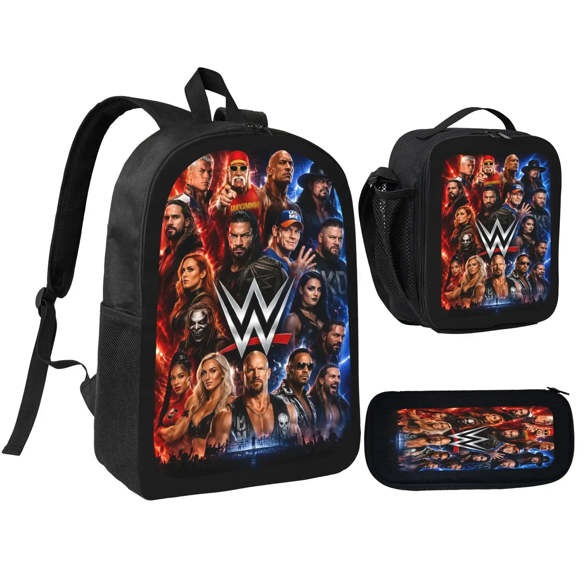 3PCS wwe Backpack Wrestler Backpack Daypack Shoulder Bag Leisure Travel Adjustable Strap Backpacks 17in