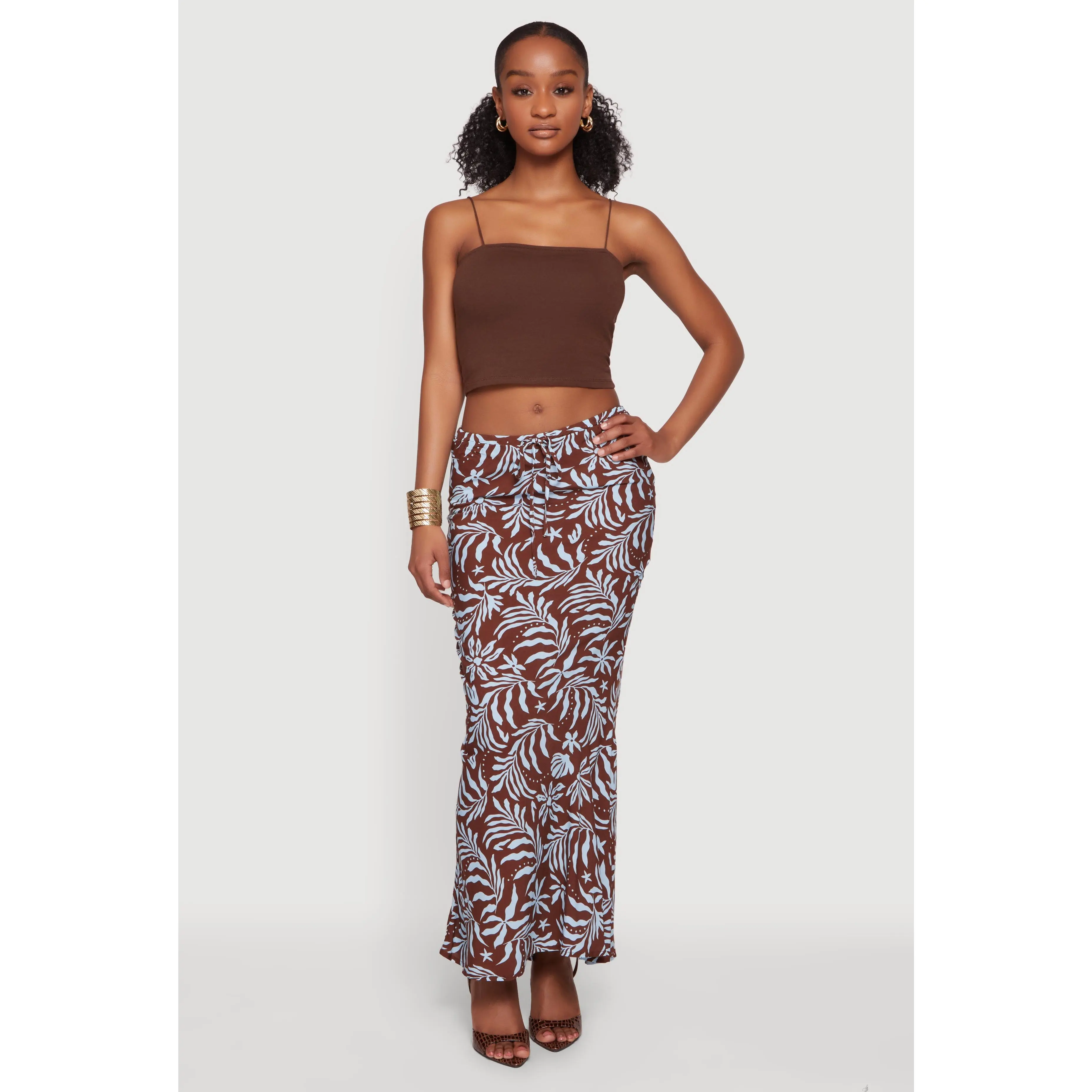 Tropical Leaf Print Drawstring Waist Maxi Skirt