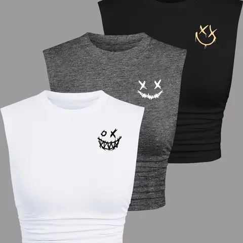 Women's Round Neck Knit Tank Top, Casual Flattering Sleeveless Crew Neck Print Top for Summer, Ladies Clothes for Daily Wear, Fit, Knitted Tank Top