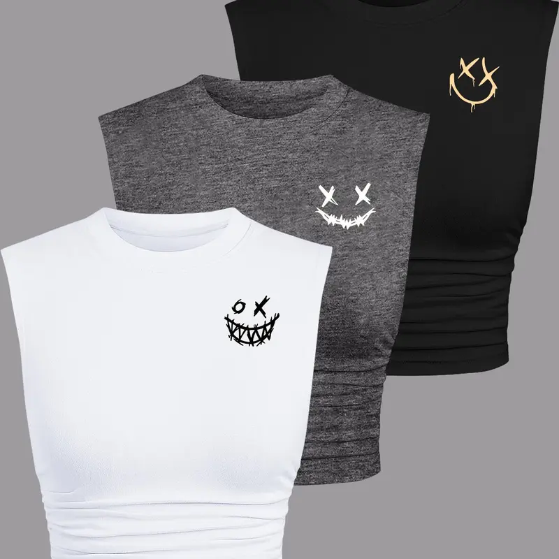 Women's Round Neck Knit Tank Top, Casual Flattering Sleeveless Crew Neck Print Top for Summer, Ladies Clothes for Daily Wear, Fit, Knitted Tank Top