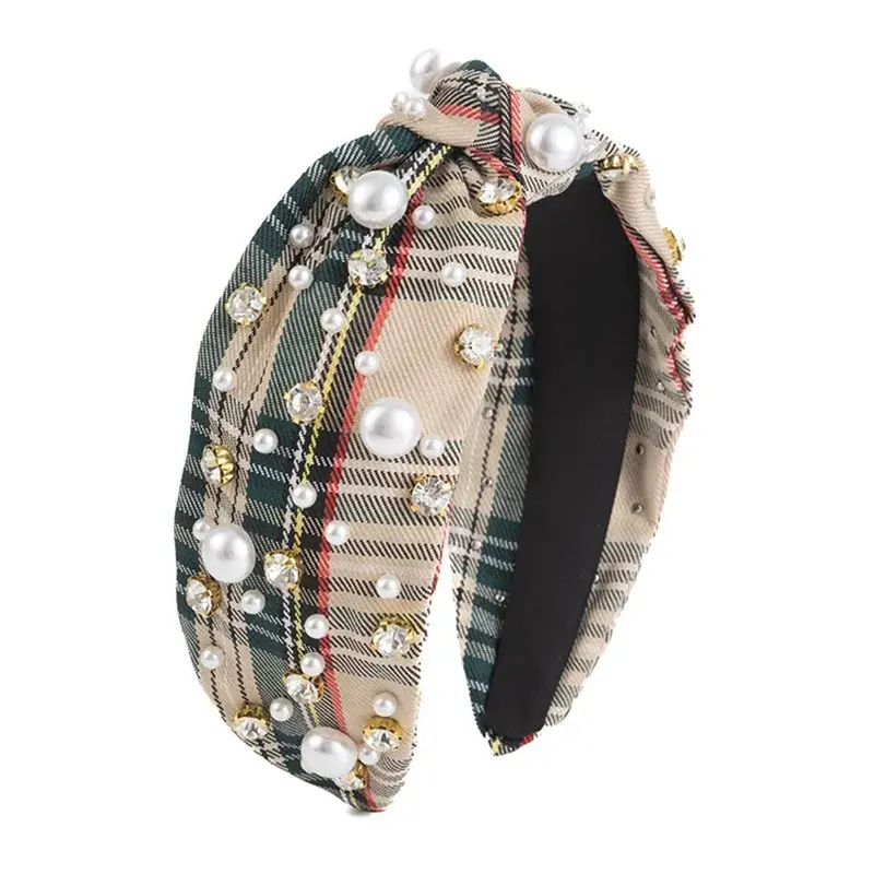 Plaid Holiday Headband with Pearl Accents and Rhinestones for Festive Style