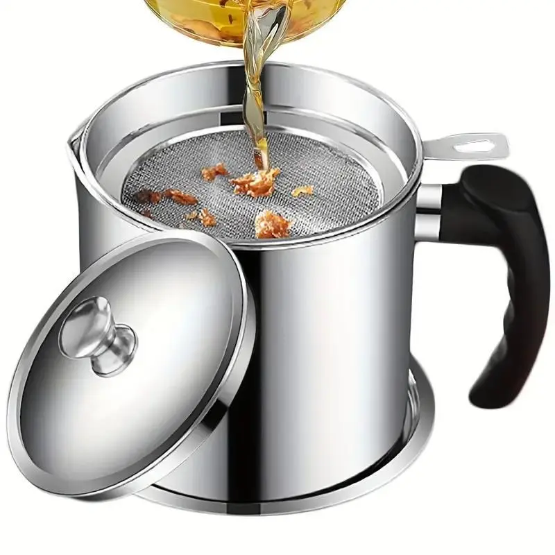 Stainless Steel Oil Dispenser with Strainer & Lid, 1 Set Oil Storage Pot with Drip Tray, Bacon Grease Saver for Cooking Oil, Deep Frying, Cooking Oil Container, Household Oil Storage, Kitchen Gadgets, Utensils