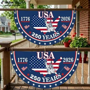 (1 Piece Only) USA 250 Years Semicircle Flag, 1776-2026 Fan Flags, Year American Anniversary Flag for Wall, Front Door, Porch, Fence, Outdoor Decorations