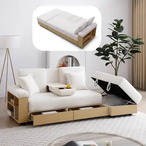 Convertible Sofa Bed, 85" Folding Sectional Sleeper Sofa with Storage Ottoman, Drawers, Built-in Bookshelves and 2 Cup Holders, Linen (Beige)
