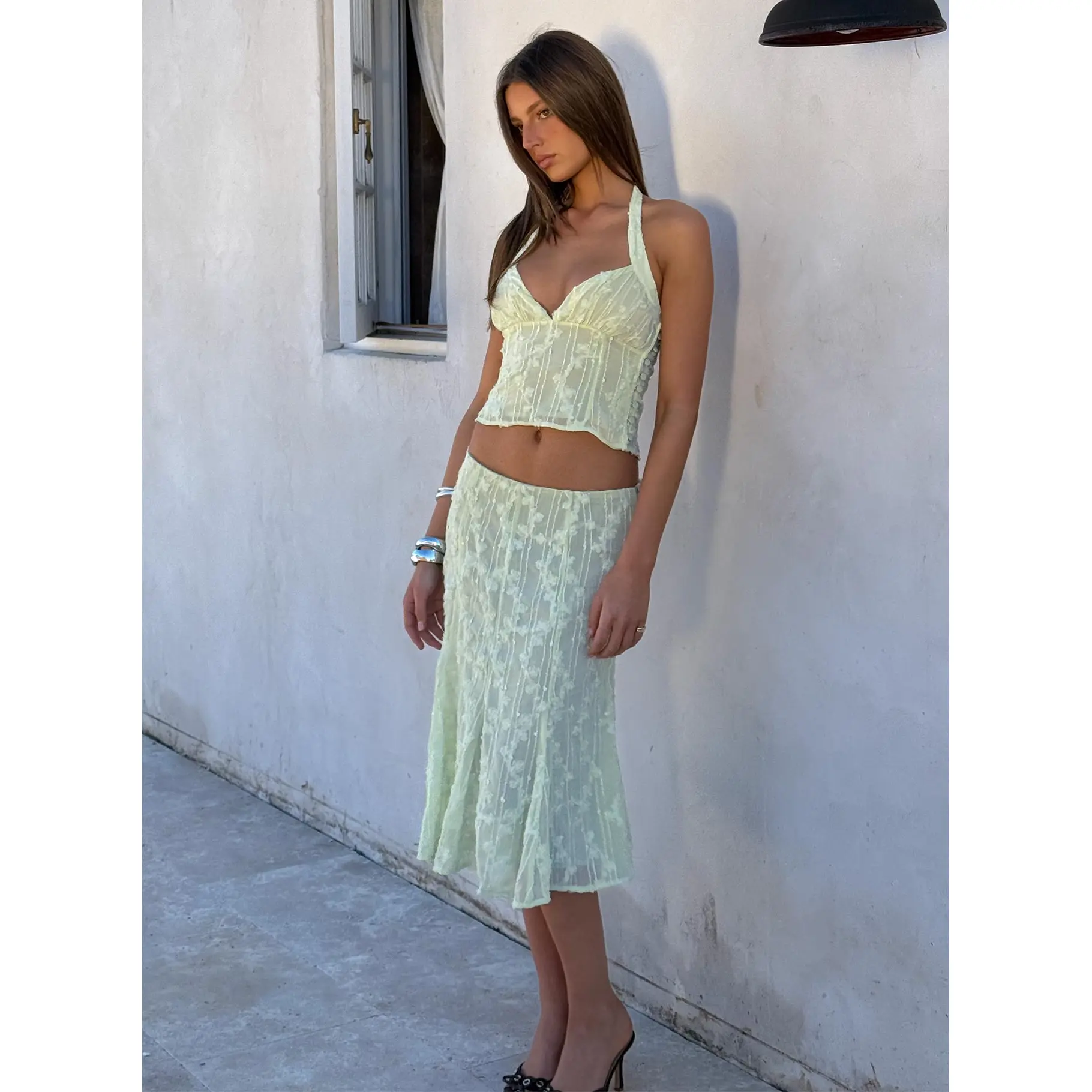 Aspyn Embroidered Midi Skirt Sage Green