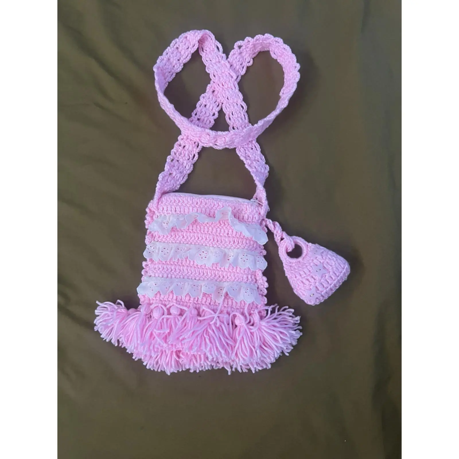 Crochet Bag with Mini Purse - Pink Color, Tassel Design, Handmade, Perfect for Everyday Use