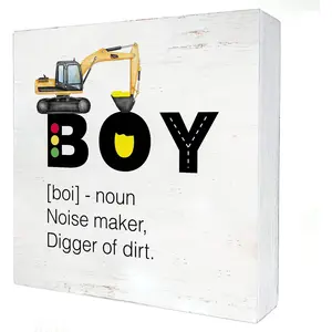 P-SO035   Construction Nursery Wood Box Sign Construction Truck Boy Definition Wooden Box Sign Block for Wall Desk Home Boys Bedroom Decoration Decorative Gift