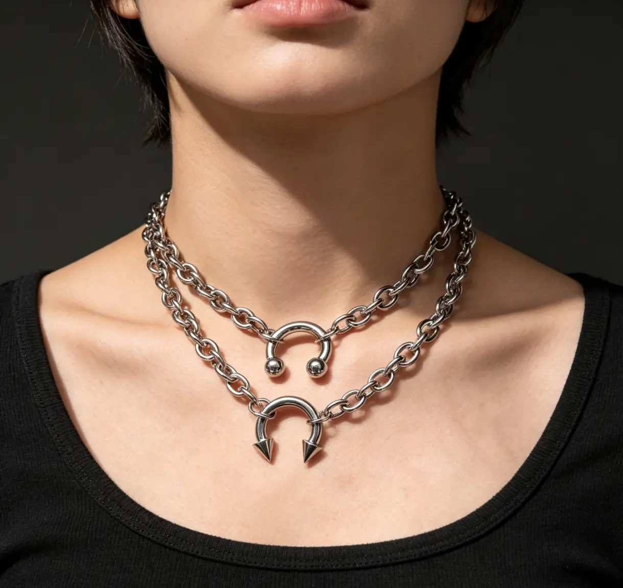 Gothic Double Layer Chunky Chain Necklace for Women, Silver U-Shaped Spike Ball Pendant Choker, Punk Y2K Grunge Streetwear Jewelry Accessory