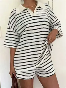 Women's Short Sleeve & Shorts Matching Set, Womenswear Spring Summer Striped Knit Sets Loose Fit Top Casual Bottoms, Fashionable Comfortable