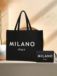 Linen Tote Bag, Including A "MILANO ITALY" Lettering Printing Tote Bag And A Printed Small Bag,Suitable For Birthdays,Beaches,Holidays, Making It A Gift For Women, Handbag Tote Bag, Casual Trendy Bag, Everyday Bags