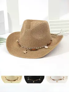1pc Fashion Straw Hat For Men And Women, Outdoor Headwear Beach Sun Protection Hat, Spring/Summer English Style Cowboy Hat With Wide Brim, Sun-Shading Beach Hat With Starfish Decor, Collapsible Panama Hat, Outdoor Gift Suitable For Daily Use