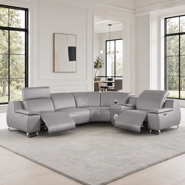 5-Piece Genuine Top Grain Cowhide Leather Power Reclining Sectional Sofa with Bluetooth Speakers, Wireless Charging and USB Ports