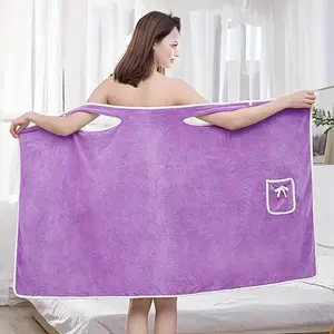 Ultra-Soft Coral Fleece Wearable Bath Towel with Pockets - Quick Dry, Absorbent Spa Robe for Women, Bowknot Detail, Perfect for Sauna & Shower, 31.5x51"/31.5x57 Light Purple(Sheet)