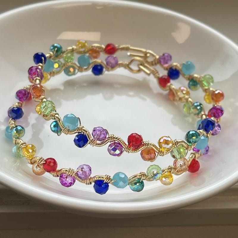 PRIDE Rainbow on Gold Copper Core Wire Wrap Dainty Wave Bangle Bracelet Handmade Adjustable Unique Design with Pink Pearl Hook Closure