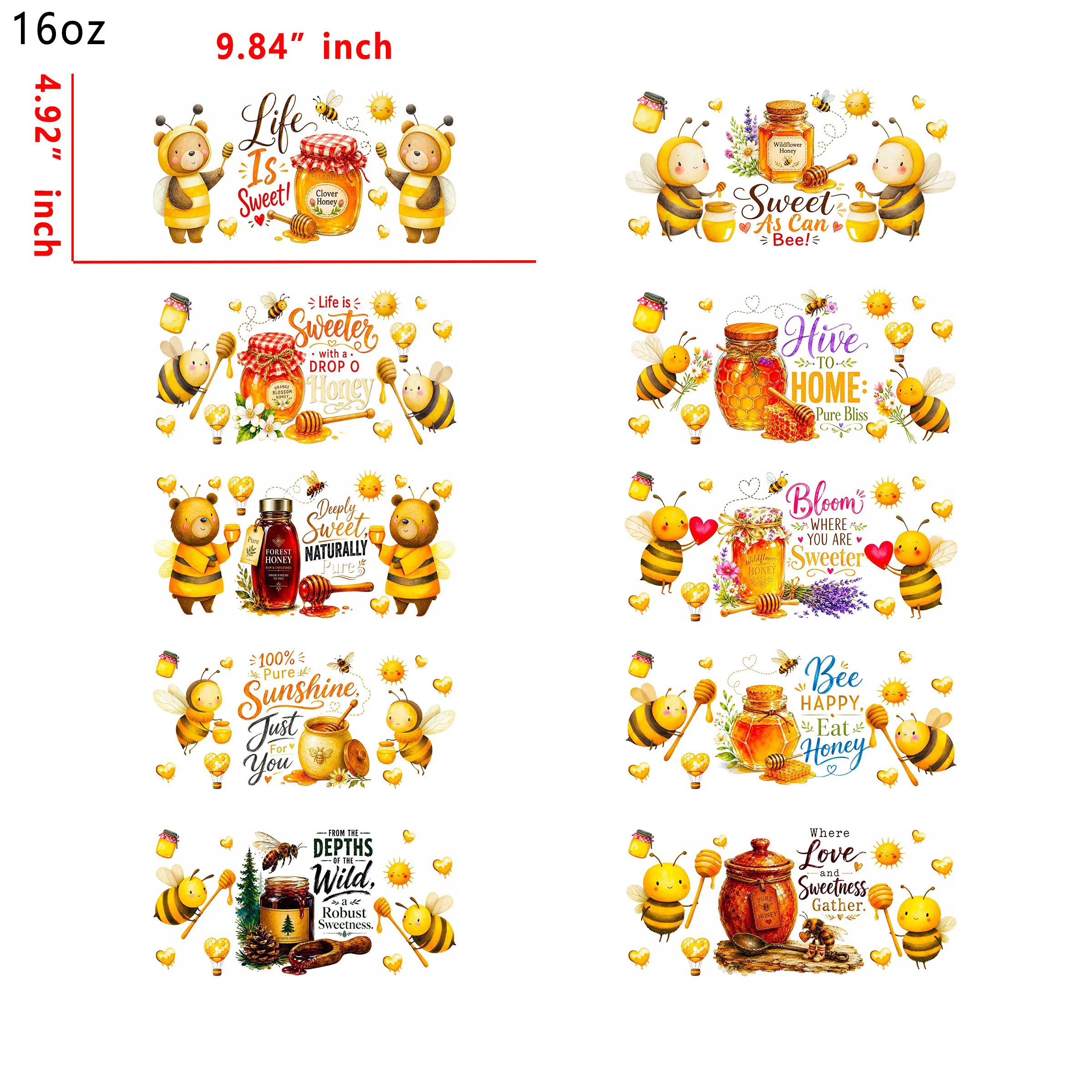 (U77) 20pcs honey 16OZ Tumbler Cup Wraps, Waterproof Fade-Resistant Decal Stickers, Vivid HD Print with Strong Adhesion, Customizable Transfers for Glass Cups, Mugs & Smooth Surfaces, DIY Art Craft Supplies