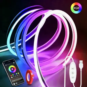【DealsForYou】USB 5V RGB Neon LED Strip Lights 1/2/3/5M, App & 3-Key Controller Music Sync Silicone Neon Rope Light, Flexible DIY Color Changing Neon Sign Lights for Bedroom Gaming Room Wall Decor, Ideal for Holiday & Festival Party Decoration