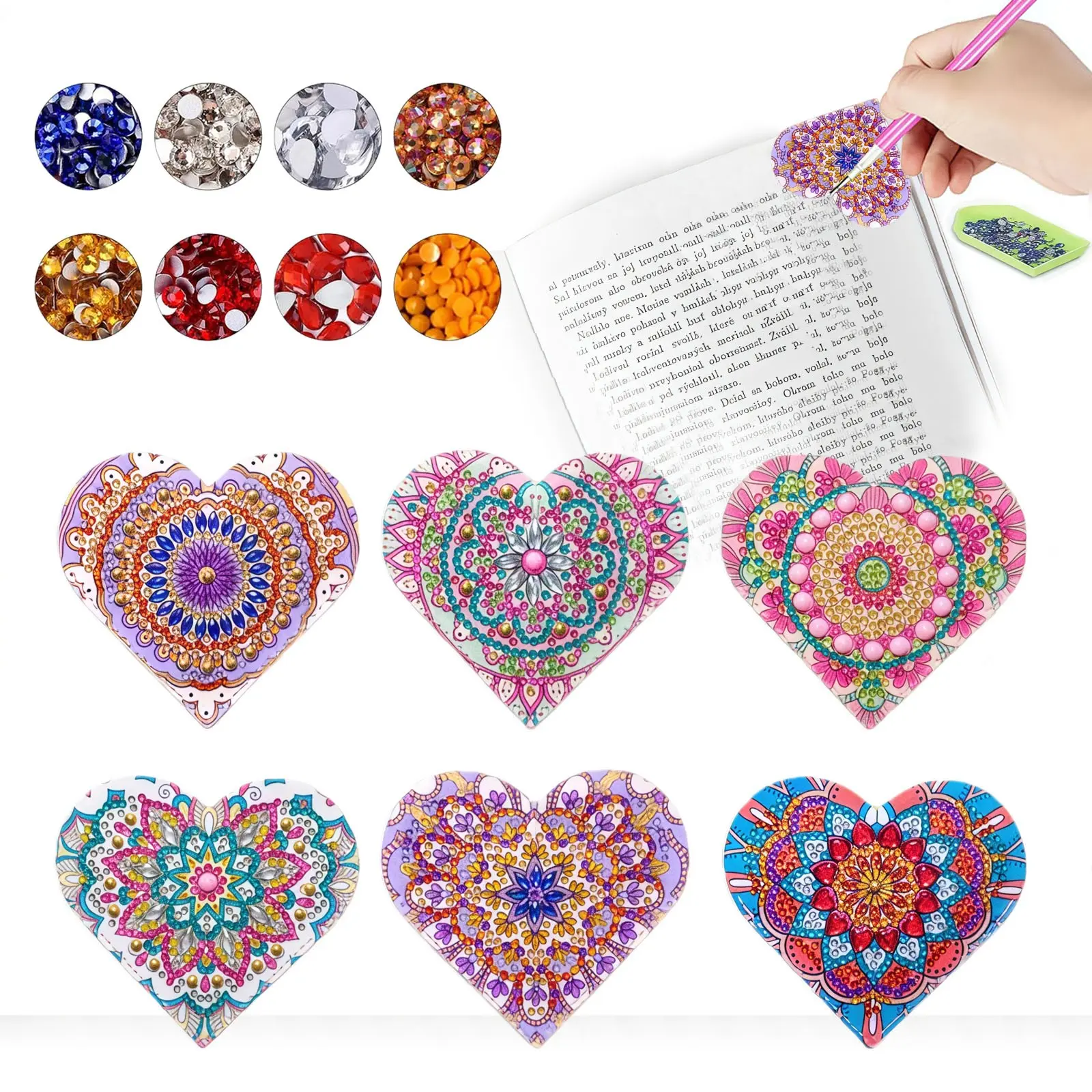 6-piece set of DIY diamond painting corner bookmarks, love mandala pattern diamond painting kit, handmade home and office supplies reading bookmarks PU Leather Book Accessories