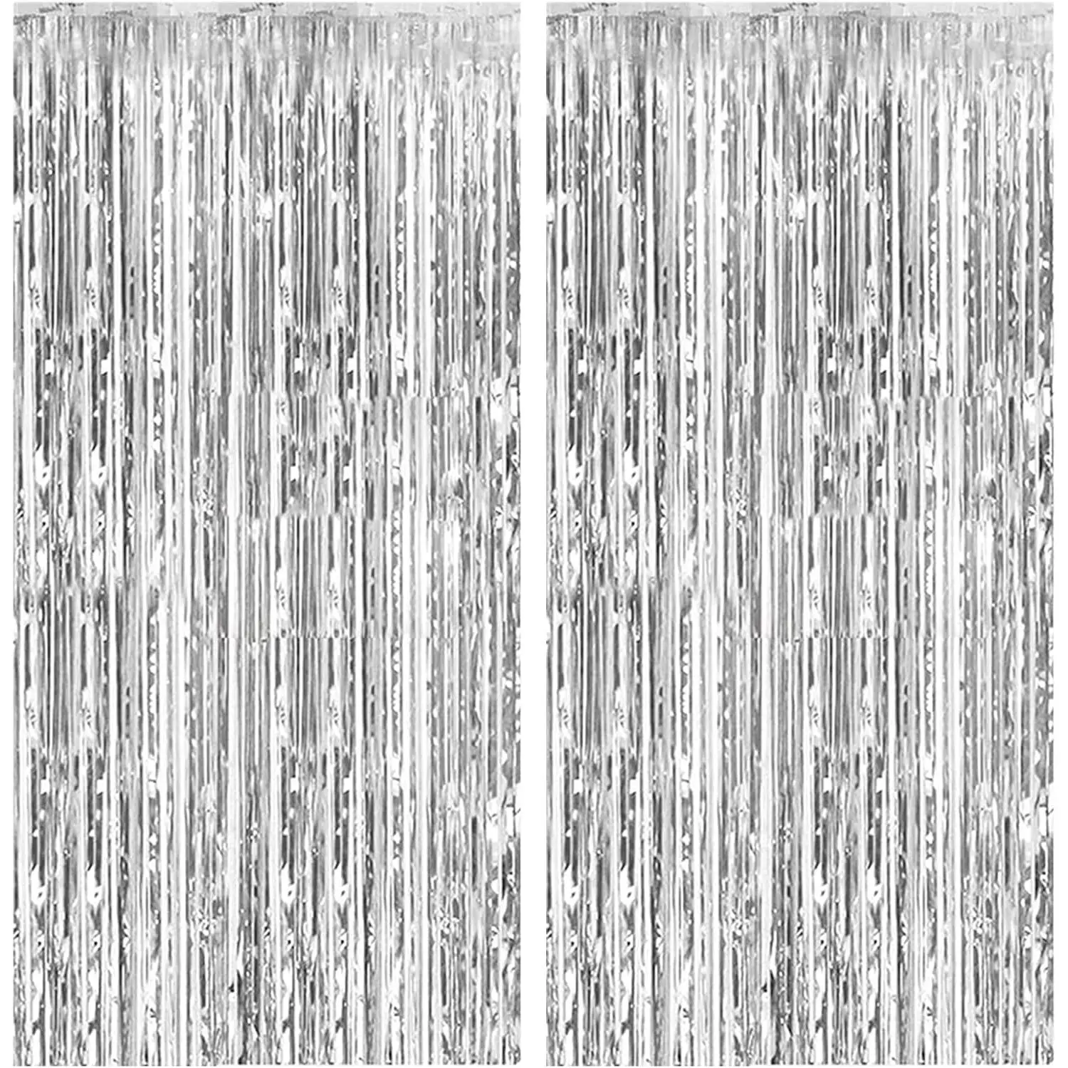 2-Pack Shiny Silver Metallic Tinsel Foil Fringe Curtain Backdrop, Light-Up Wall Decor for Birthday, Halloween, Holiday Party Supplies (Photo Booth Props for Weddings, Engagements)