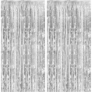 2 Pack Foil Curtain Backdrop Silver Metallic Tinsel Foil Fringe Curtains Photo Booth Props for Birthday Wedding Engagement Baby Shower Bachelorette Christmas Holiday Celebration Party Decorations