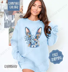 Blue Floral Bunny Comfort Colors Sweatshirt, Cute Easter Women's Crewneck, Trendy Bunny Women's Sweater, Gift for Her
