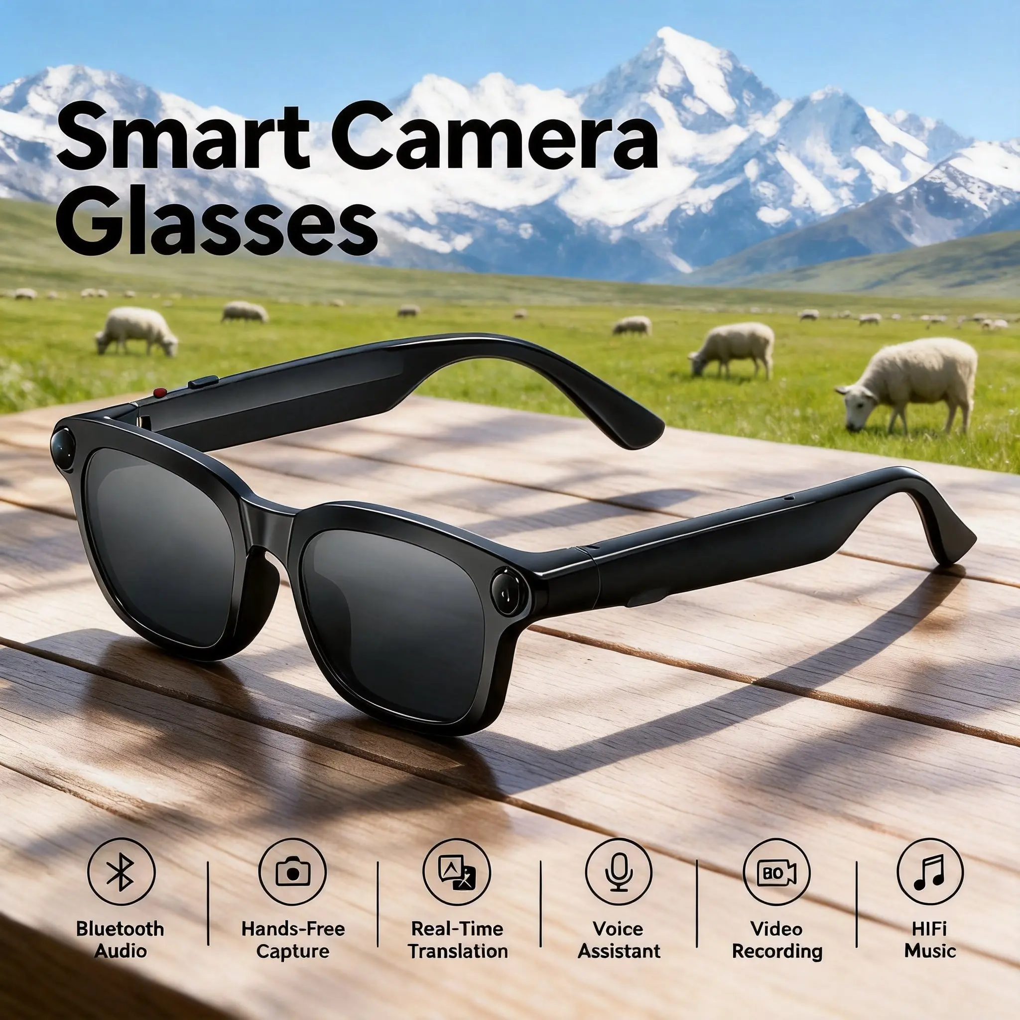 Wearable Multifunction Smart Glasses - 8MP Photo Eye Glasses Camera, Bluetooth Sunglasses with Auto Photochromic UV Protection, Hands-Free Video Recording, 160+ Multilingual Real-Time Translation, iOS/Android Compatible for Travel
