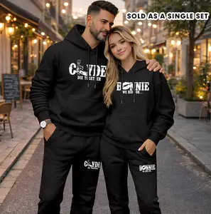 Couple's BONNIE & CLYDE Print Hooded Sweatshirt and Drawstring Sweatpants Set(Sold as a Single Set), Casual Sportswear, Long-Sleeve Hooded Jacket and Pants, Suitable for Autumn and Winter, Everyday Wear, Tracksuit, Casual Athletic Wear