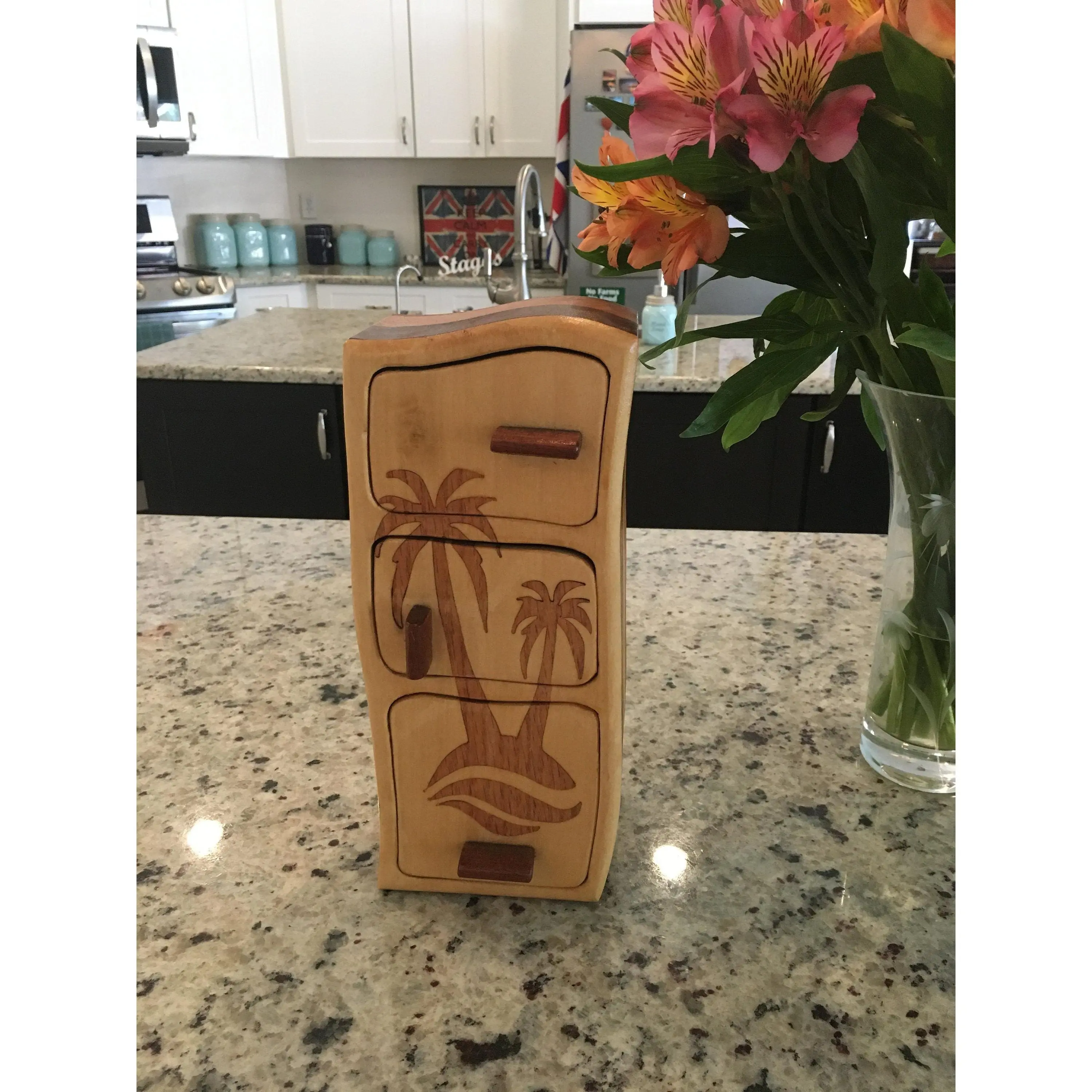 Solid Wood Box W/Drawers - Palm Trees, Jewelry Box, Handcrafted, Custom Box, Personalized Box, Handmade, Home Decor, Engraved, Stash Box