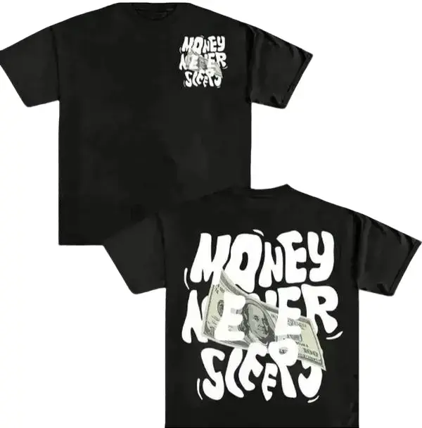 Money Never Sleeps Dual Side Bubble Font 100 Dollar Bill Graphic Short Sleeve T-Shirt 100% Cotton Soft Breathable Crew Neck Hip Hop Street Summer Tee TikTokMadeMeBuyIt