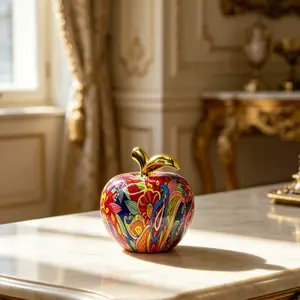 Multicolor Graffiti Apple Resin Ornament, Luxury Gold Leaf Peach Sculpture, Home Entrance Desktop Art Decor, Handicraft Gift