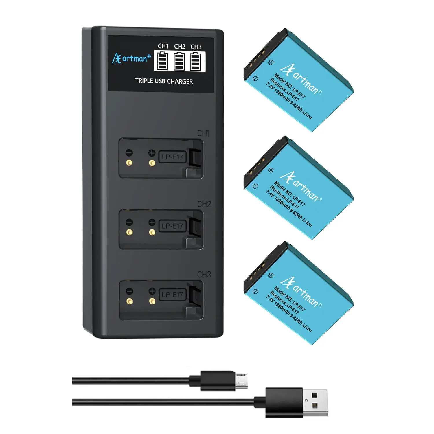Artman LP-E17 Camera Battery & 3-Slot LCD Charger Kit - 3-Pack 1300mAh Rechargeable Batteries, Charging Accessories for Canon EOS R50 R8 R10 RP R100, Rebel T8i T7i T6i T6s SL2 SL3, M3 M5 M6, 77D 200D 250D 750D 760D 800D 8000D