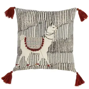 212 MAIN 18 in. Square Down-Filled Tasseled Throw Pillow - Multi-Color Llama Design, Square Cushion, Home Decor Accent