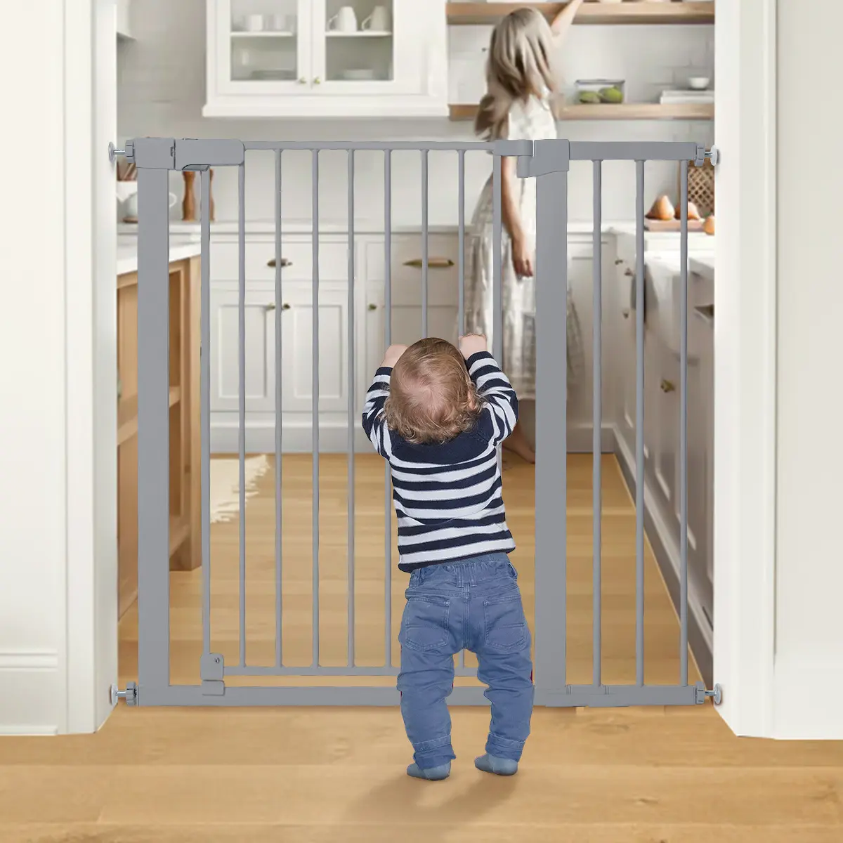 Metal Auto-Close Baby Safety Gate for Stairs, Doorways - No-Drill Installation, Suitable for 6-9 Months Infants, Pets, Metal Frame