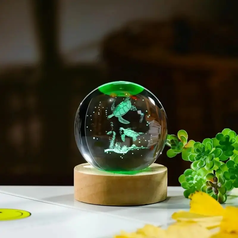 3.15 in Unisex 3D Sea Turtle Crystal Ball Tabletop Light - Upgraded Glass Ball Lamp with 16-Color Change Colorful LEDs, Wooden Base, USB Cable, Nightstand Decor, Collectible Birthday Gift Ideas