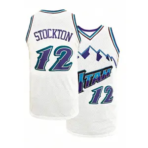 Urban Athlete Fit White Basketball Jersey Stockton 12 Pattern Embroidered Loose Breathable Sleeveless V Neck Tank Top for Sports Running Workout
