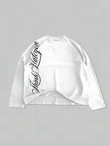 Unisex 'think Again' Floral Letter Long Sleeve Fitted T-Shirt, Street Style Loose Fit Casual Top, Simple Fashion Tee for Men and Women, Graphic Streetwear, Menswear