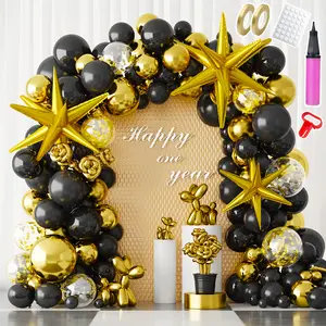 NiHome 237PCS Black and Gold Balloon Set, Includes Metallic, Confetti and Starburst Balloons (5” 10” 12” 18” 22”), Long Balloons, Tying Tool, Pump, Ribbon and 100 Glue Dots for Party Decorations