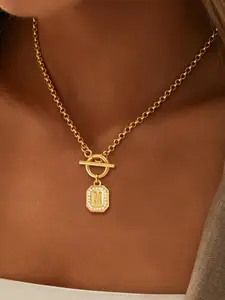 Women's Vintage Stainless Steel Chain Necklace, Zirconia Letter OT Buckle Pendant, Casual All Season Jewelry, Initial Necklace Jewelry