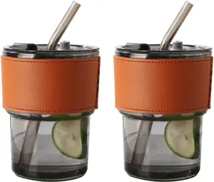 2 Pack 14oz Glass Water Bottles with Straw and Lid,Iced Coffee Glasses Tumbler, Iced Coffee Mug Insulated Glass Cup with Silicone Sleeve (grey)