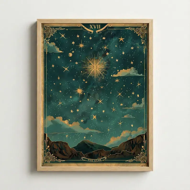 Star Tarot Card Wall Art Poster - Celestial Night Sky Vintage Mystic Photo Paper Digital Print, Smooth Vibrant Spiritual Astrology Home Decor for Bedroom Home Living Classroom, Kid Room