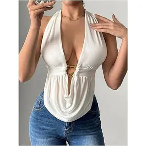Women's Sexy Halter Top Deep V Neck Sleeveless Backless Shirt Solid Color Gold Ring Draped Handkerchief Hem Clubwear Going Out Cami Tank Top